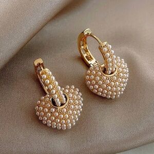 Gold Heart Pearl Huggie Earrings